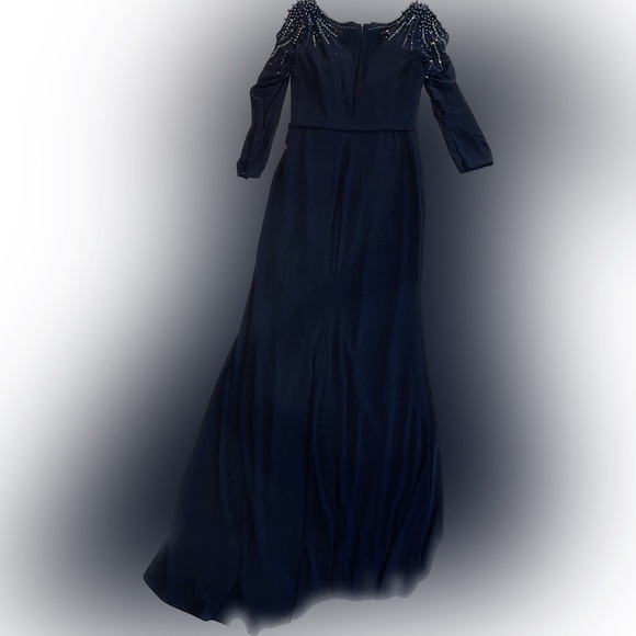 NWOT Mac Duggal Midnight Blue Long Sleeve Embellished Shoulder Dress 4 - Picture 5 of 6
